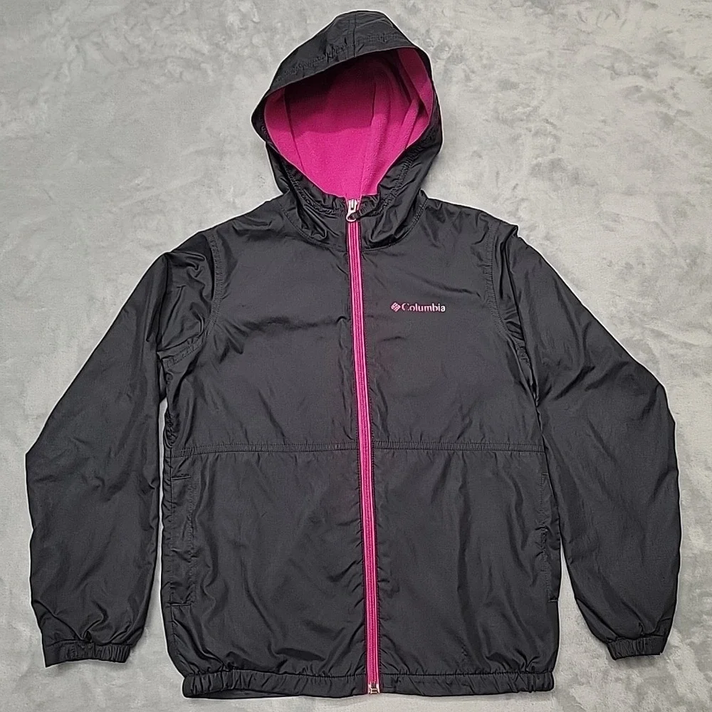 Columbia Jacket Girls M Black Pink Full Zip Hooded Fleece Lined Windbreaker